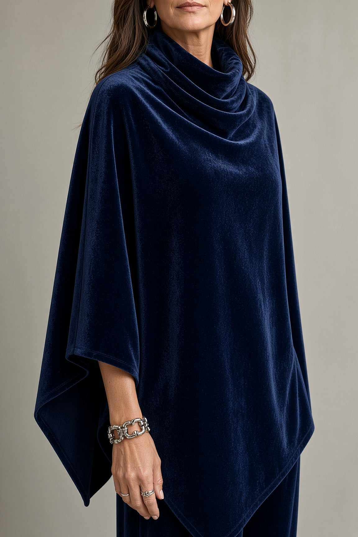 Sapphira velvet poncho and trouser set in Midnight Blue, cowl neck close-up