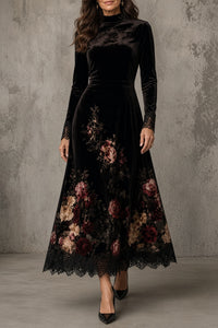 EMBERLY | FLORAL VELVET MAXI DRESS WITH LACE TRIM
