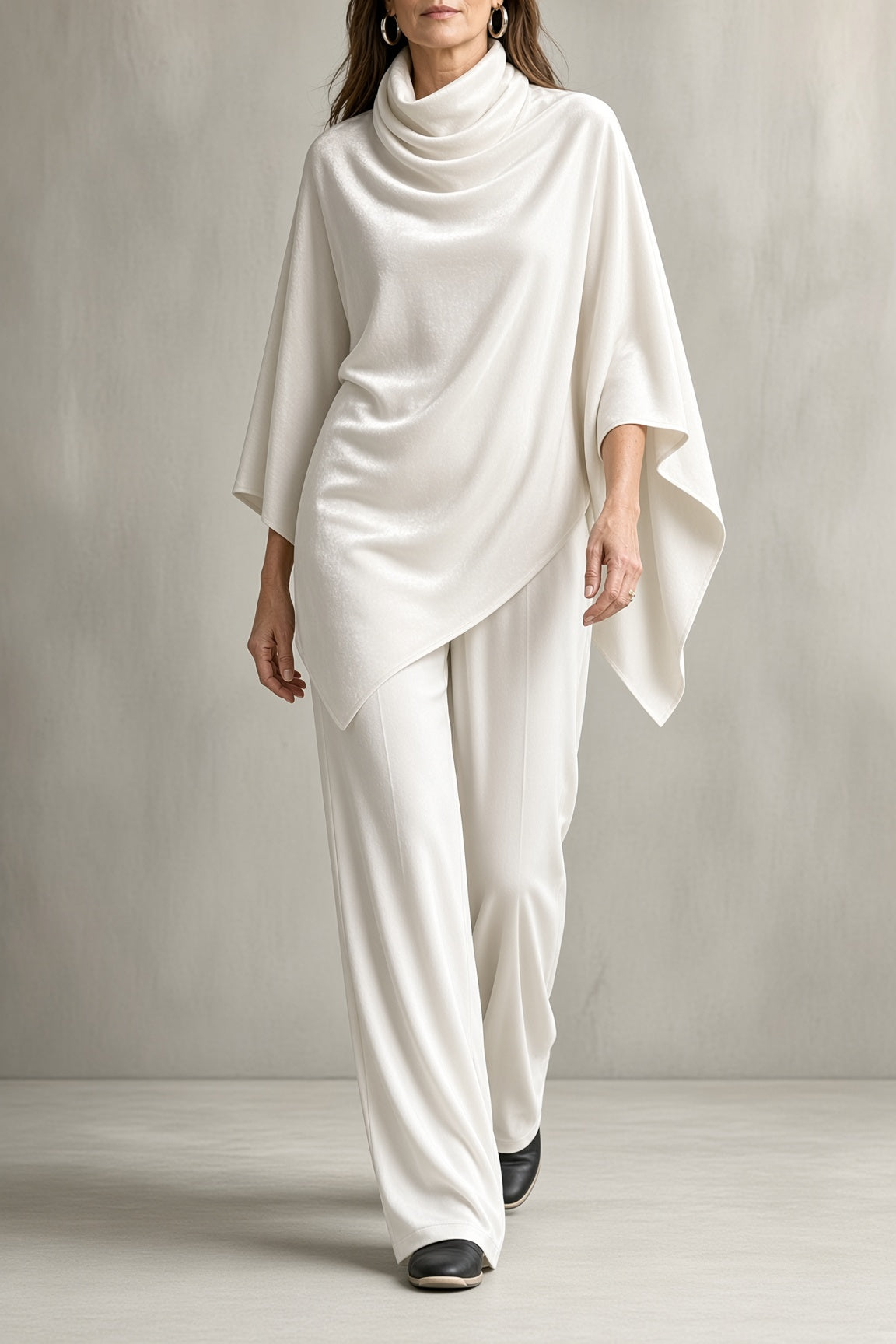 Sapphira velvet poncho and trouser set in White, front view
