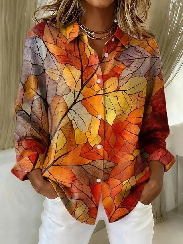 Melrose botanical print button blouse in autumn leaf, front view