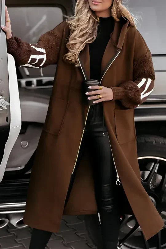 Anastasia water-repellent hooded knit-sleeve coat in brown, front view
