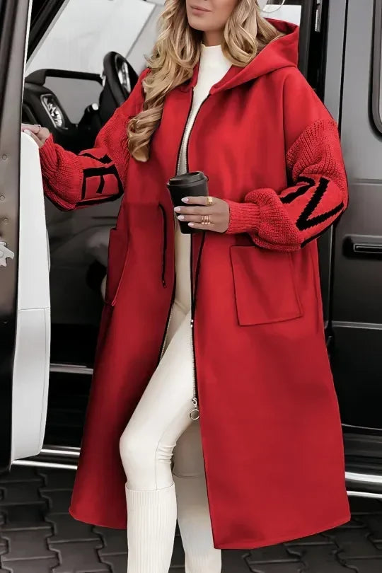 Anastasia water-repellent hooded knit-sleeve coat in red, front view