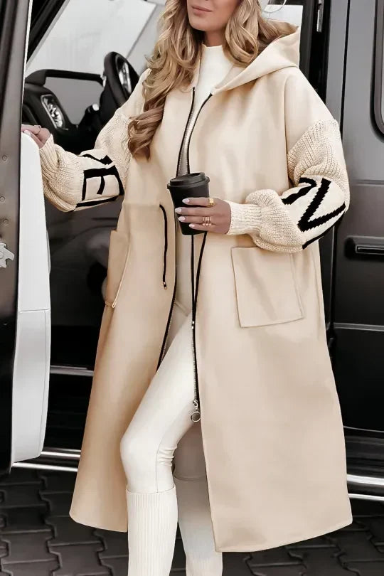 Anastasia water-repellent hooded knit-sleeve coat in cream, front view with chunky knit sleeves
