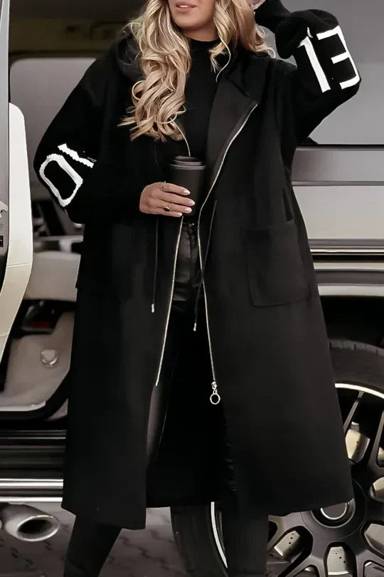 Anastasia water-repellent hooded knit-sleeve coat in black, front view