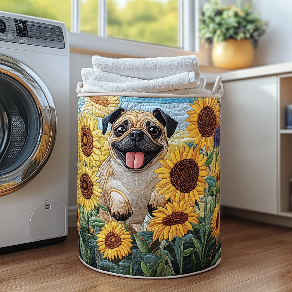 Albertina hand-quilted laundry basket with a smiling pug among sunflowers, front view