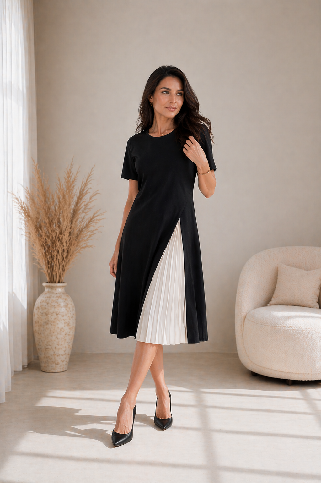 LIORA™ | Pleated Panel Midi Dress