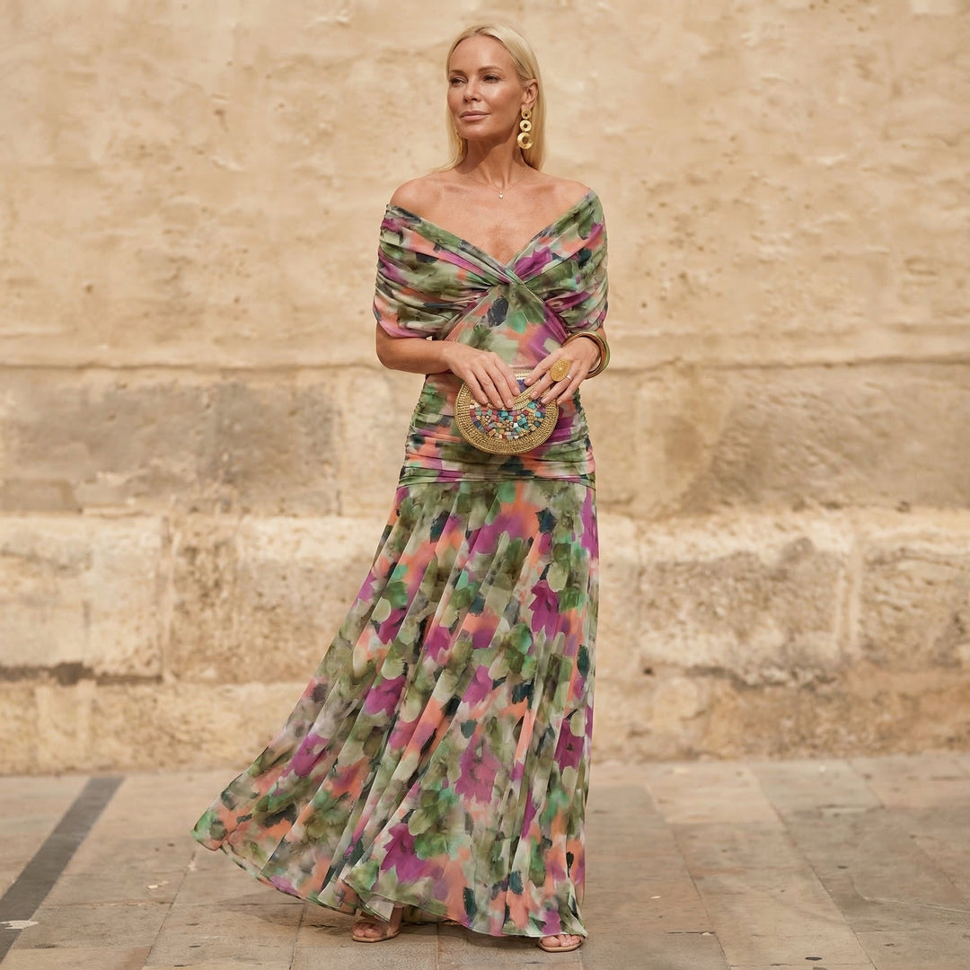 Ignacia long pleated floral dress in multicolour print, full-length front view
