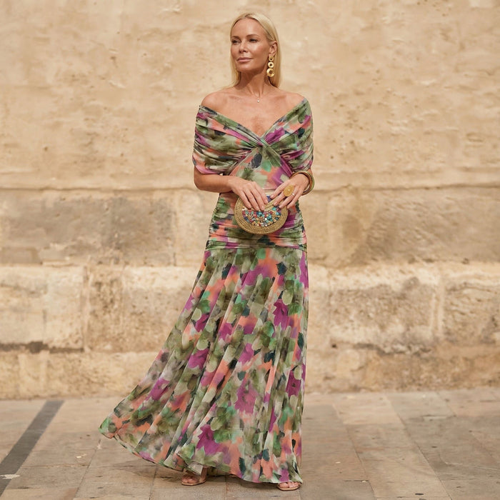 Ignacia long pleated floral dress in multicolour print, full-length front view