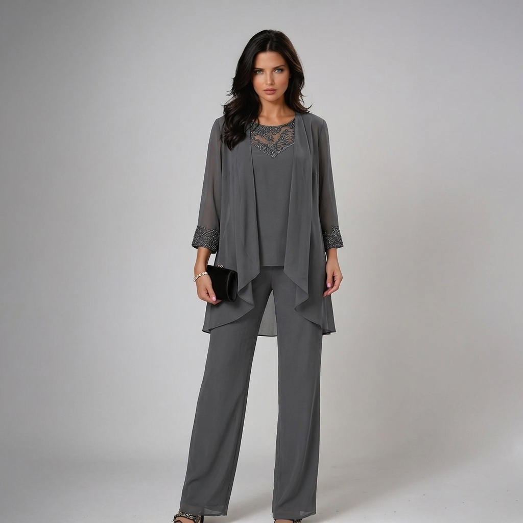 Alethea chiffon three-piece trouser set in grey, full-length front view