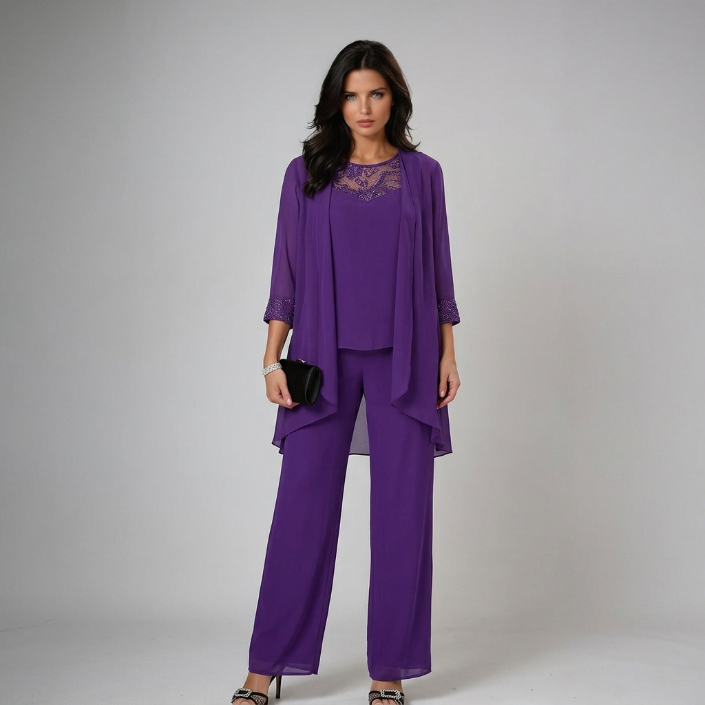 Alethea chiffon three-piece trouser set in purple, full-length front view
