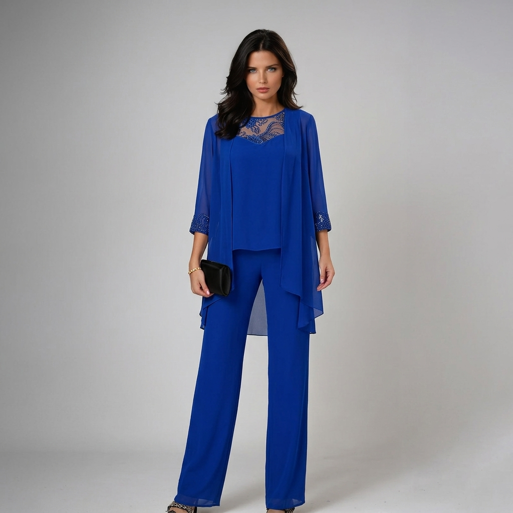 Alethea chiffon three-piece trouser set in blue, full-length front view