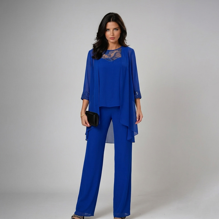 Alethea chiffon three-piece trouser set in blue, full-length front view