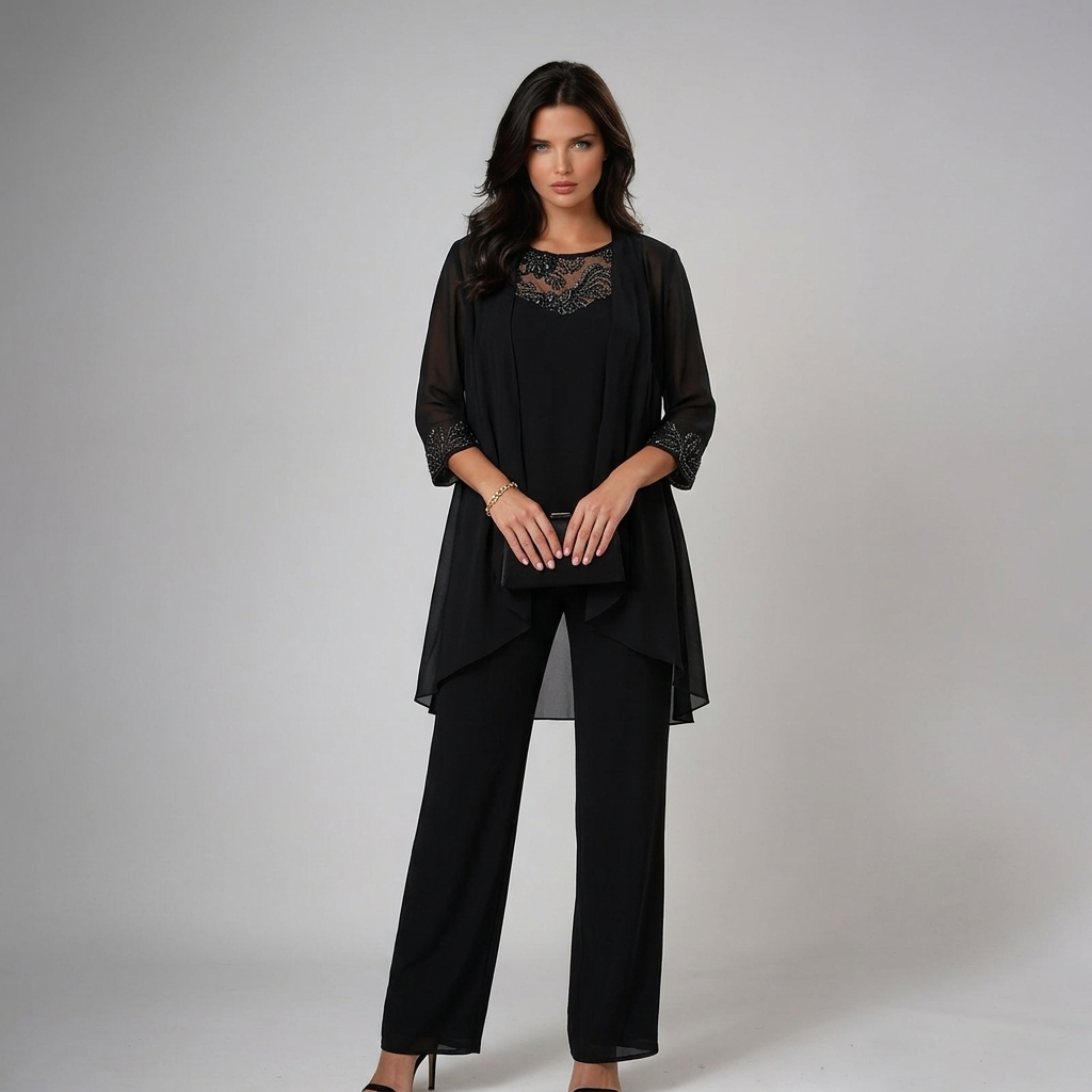 Alethea chiffon three-piece trouser set in black, full-length front view