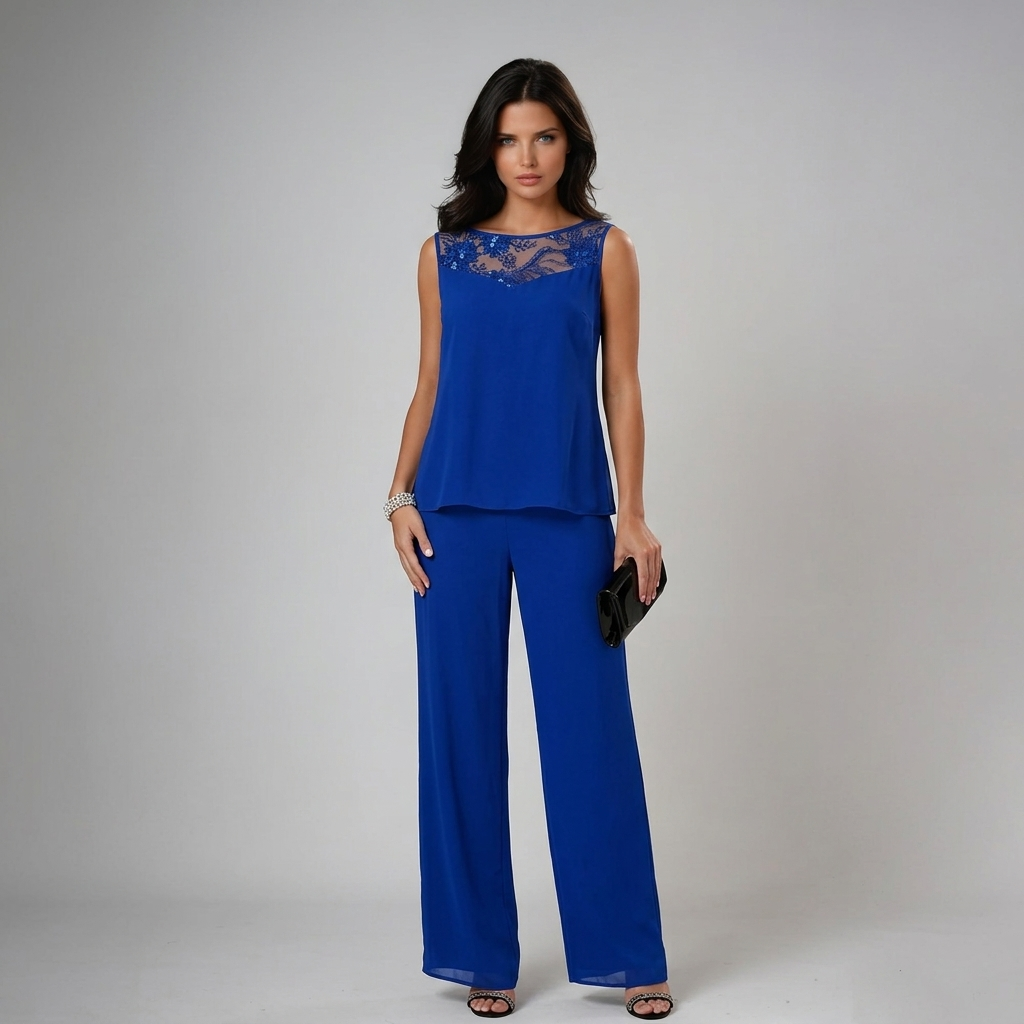 Alethea chiffon three-piece trouser set in blue, top and trousers without jacket
