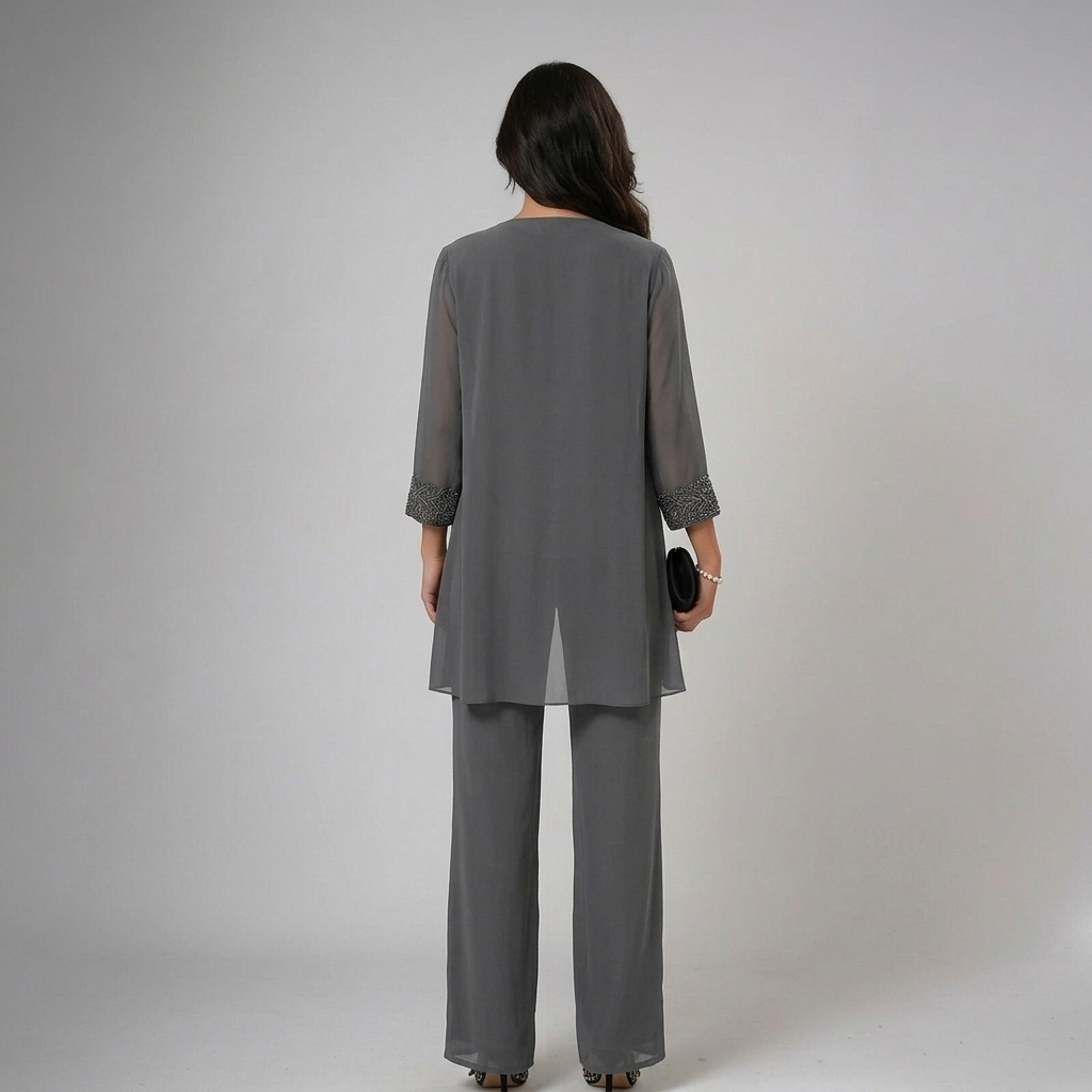 Alethea chiffon three-piece trouser set in grey, back view