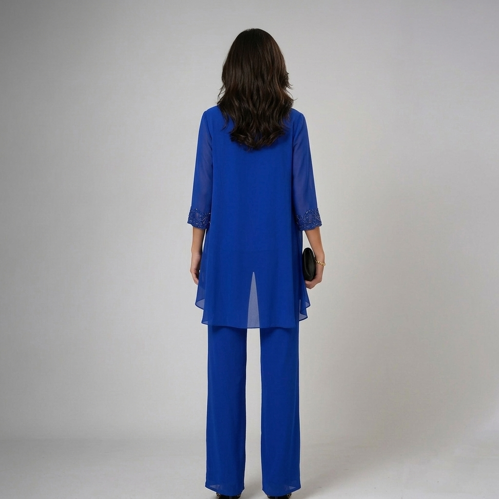 Alethea chiffon three-piece trouser set in blue, back view