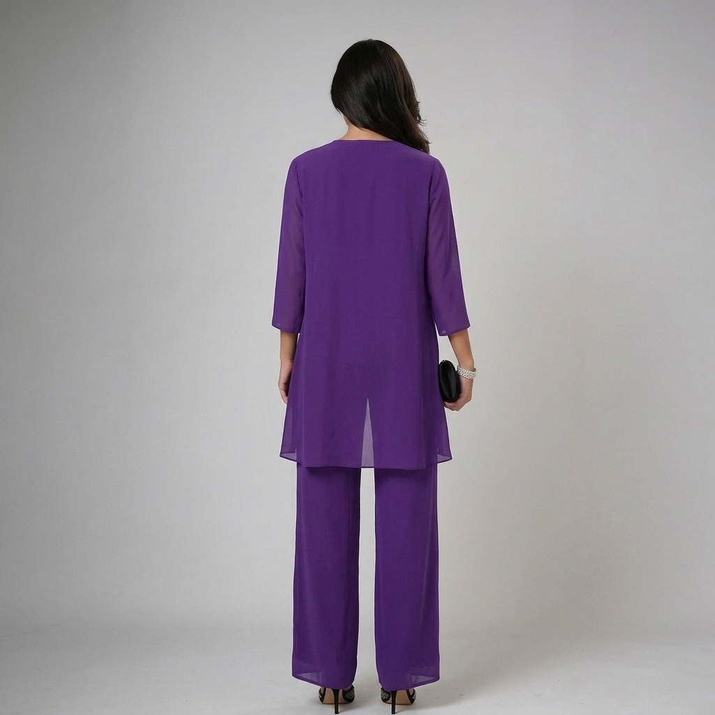 Alethea chiffon three-piece trouser set in purple, back view