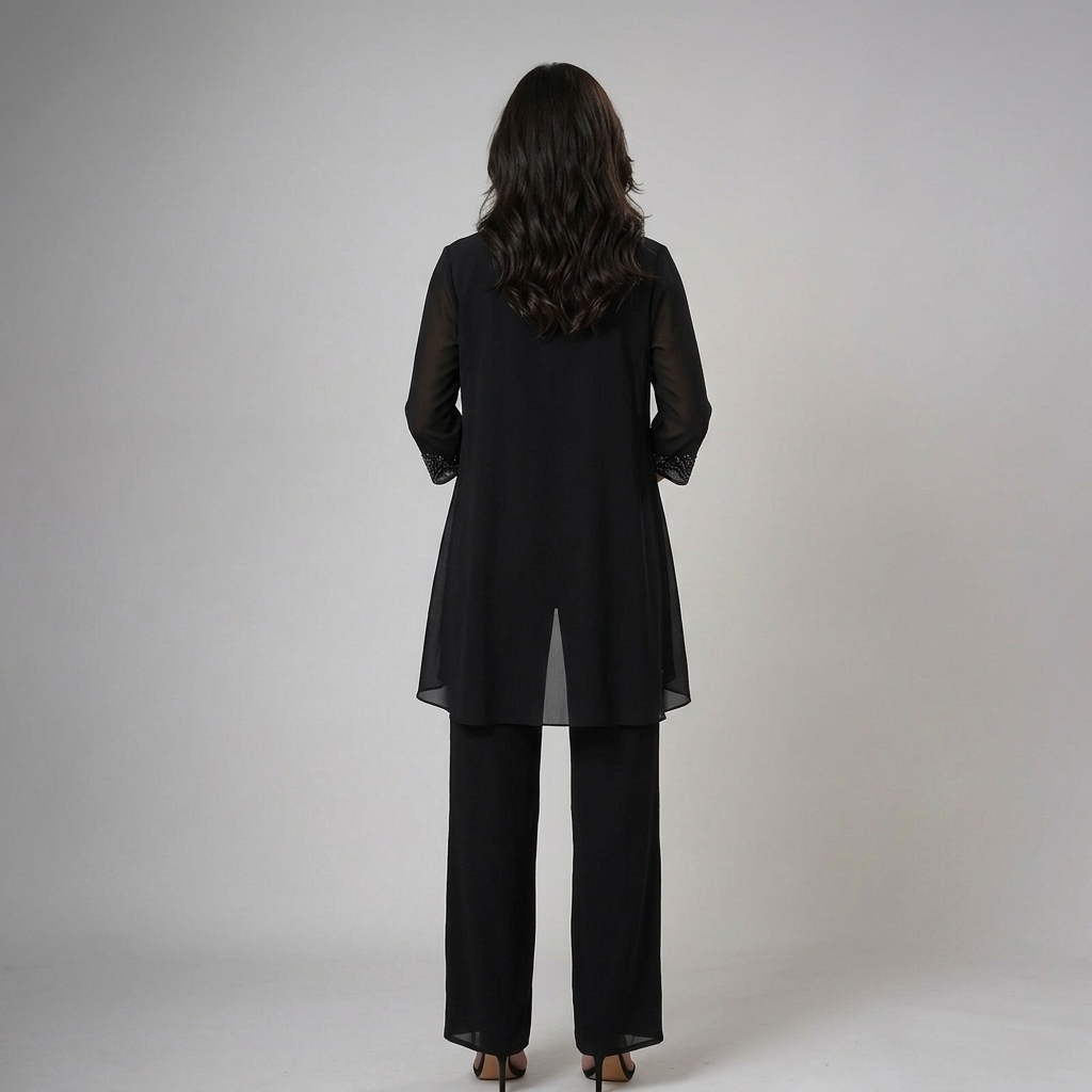 Alethea chiffon three-piece trouser set in black, back view