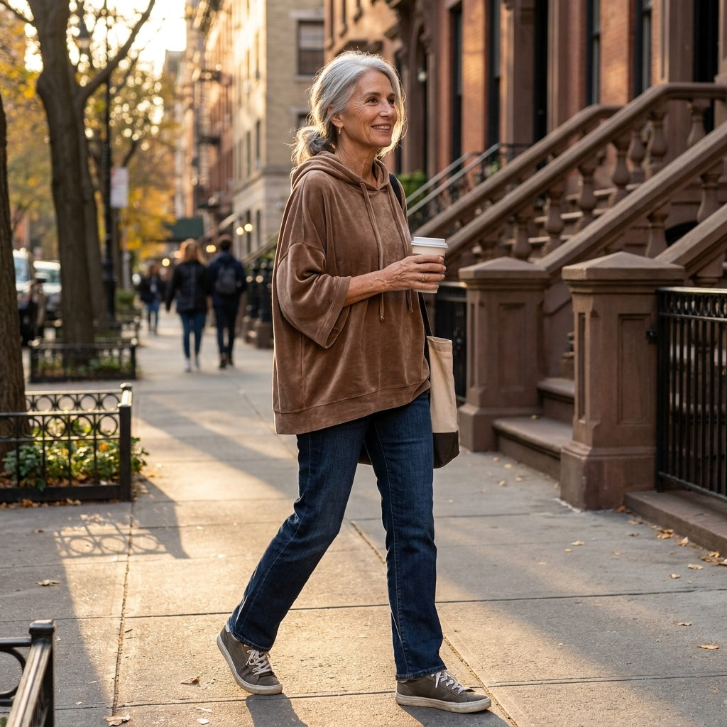 Carolina poncho hoodie in brown, walking view