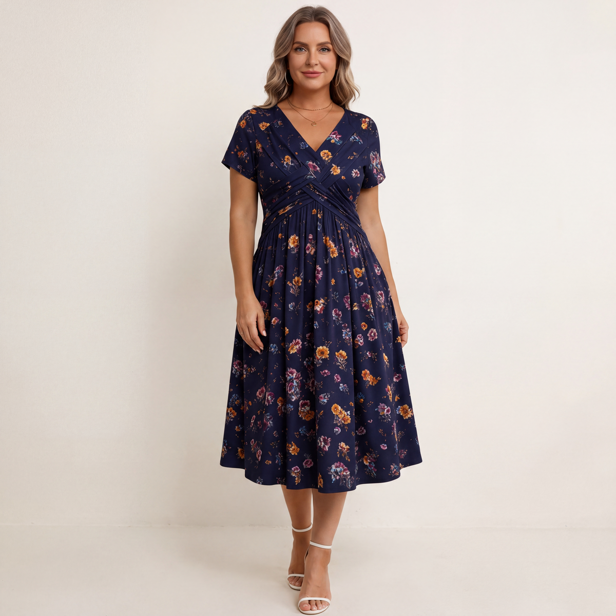 Theresa floral twist-waist dress in navy, full-length front view