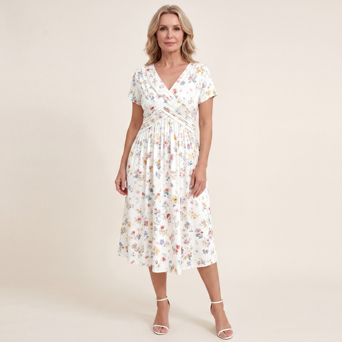 Theresa floral twist-waist dress in white, full-length front view