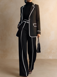 Claudia | Contrast-Piped Blazer and Wide-Leg Trousers