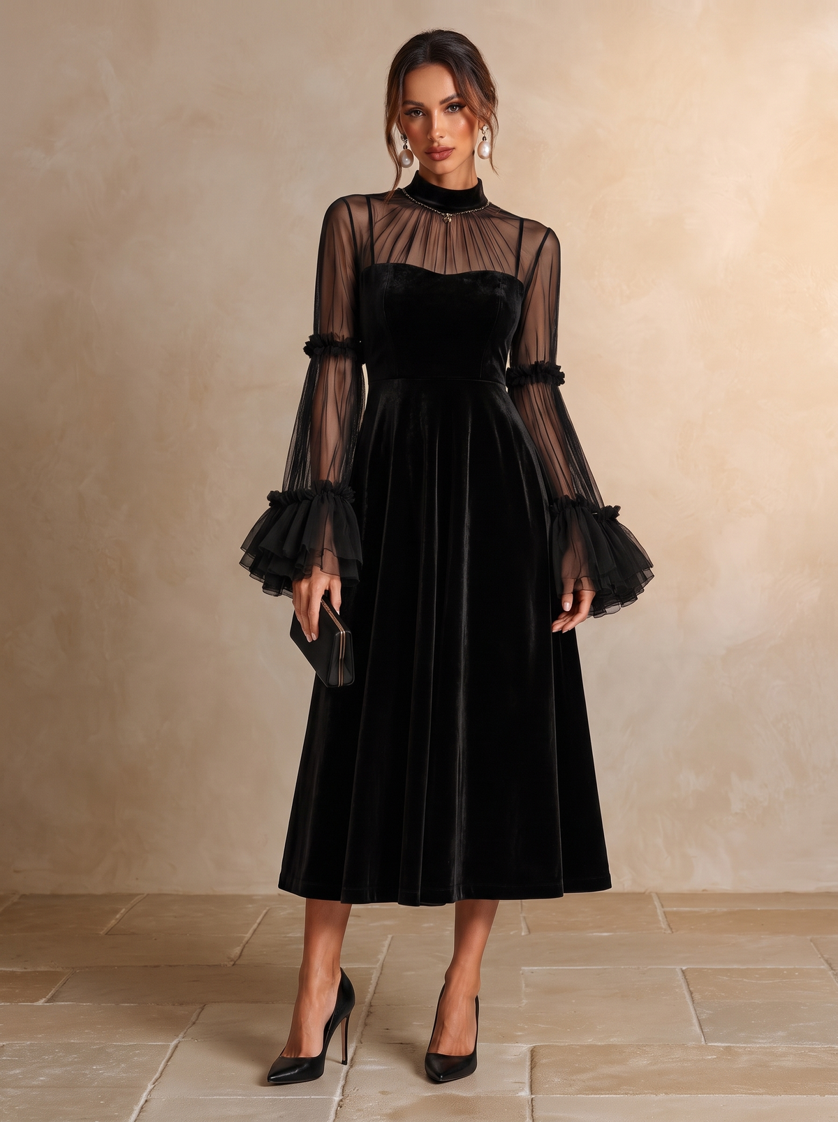 Stephanie black velvet midi dress, full-length front view with sheer mesh sleeves