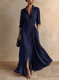 Gabriella | Navy Knotted Satin-Chiffon Maxi Shirt Dress