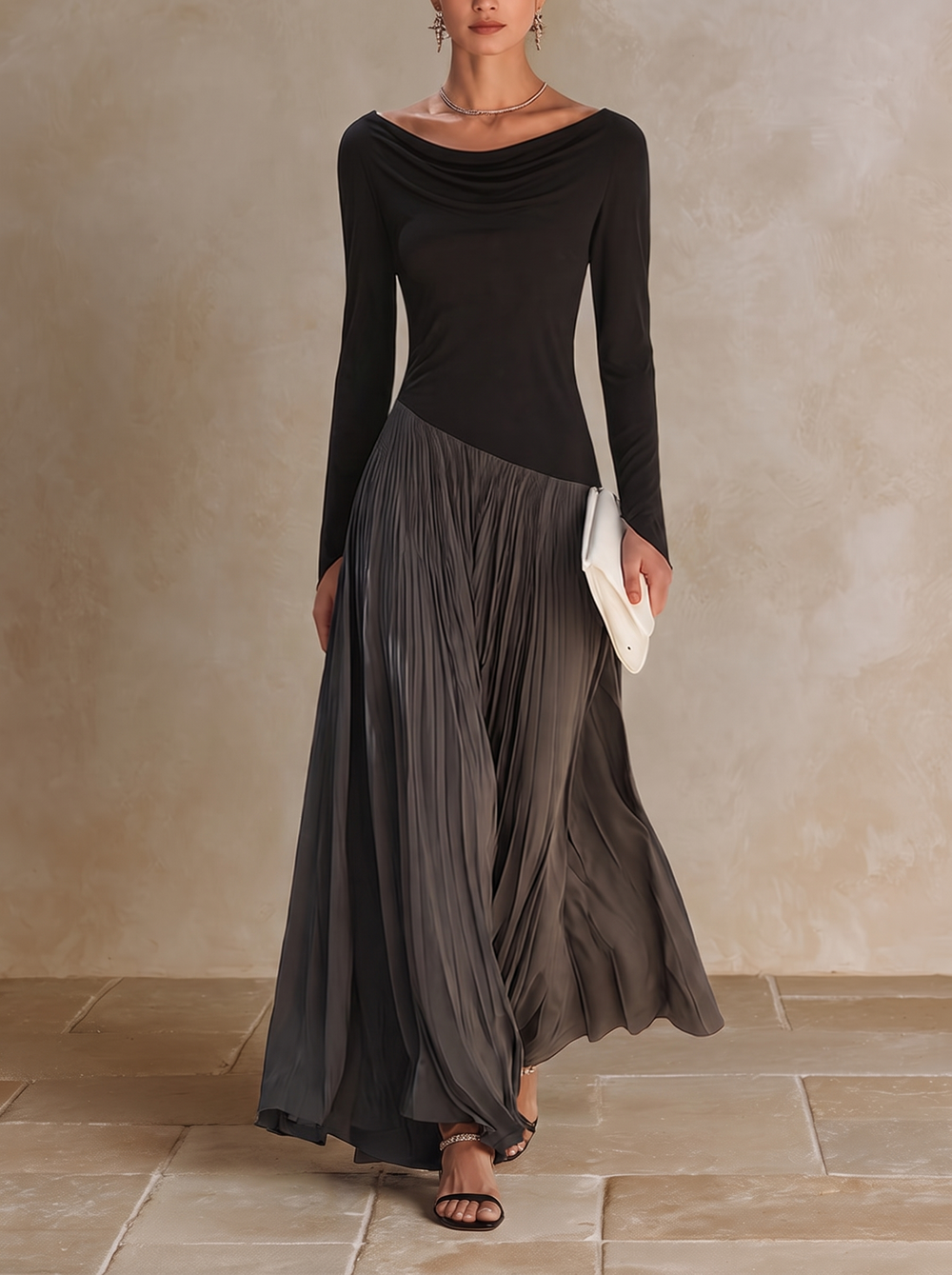 Nadine colour-block pleated maxi dress in black and grey, full-length front view