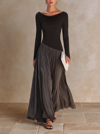 Nadine | Draped-Neck Colour-Block Pleated Maxi Dress