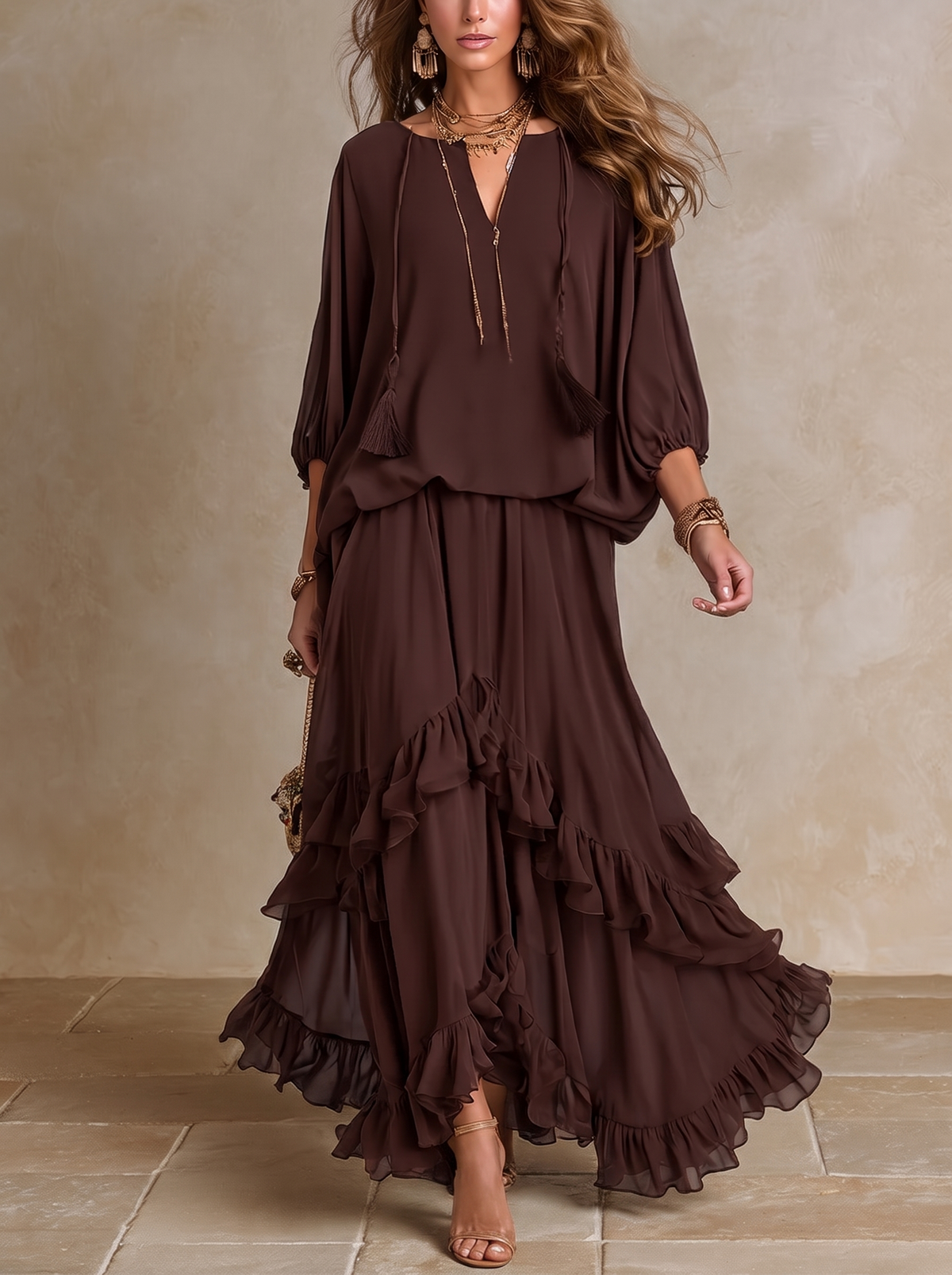 Marcella chiffon ruffle co-ord set in brown, full-length front view