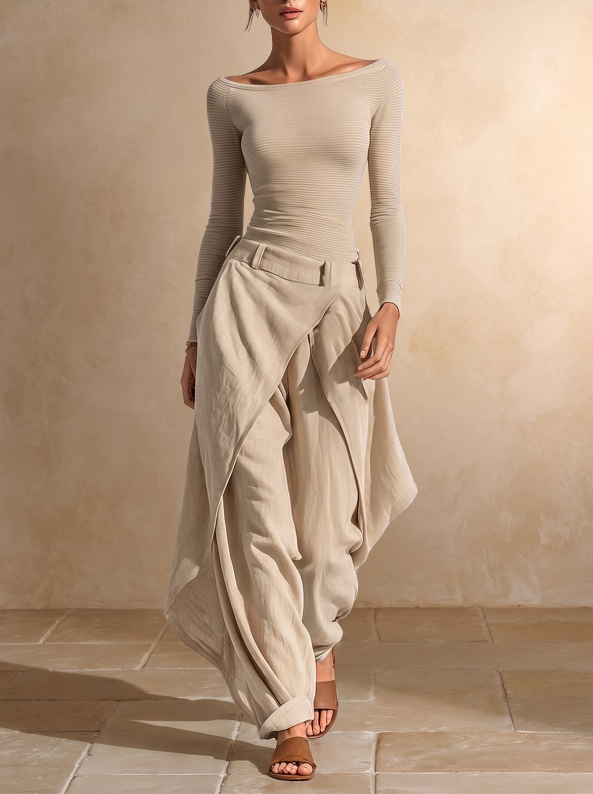 Gillian beige boat-neck co-ord set, full-length front view with layered wide-leg trousers