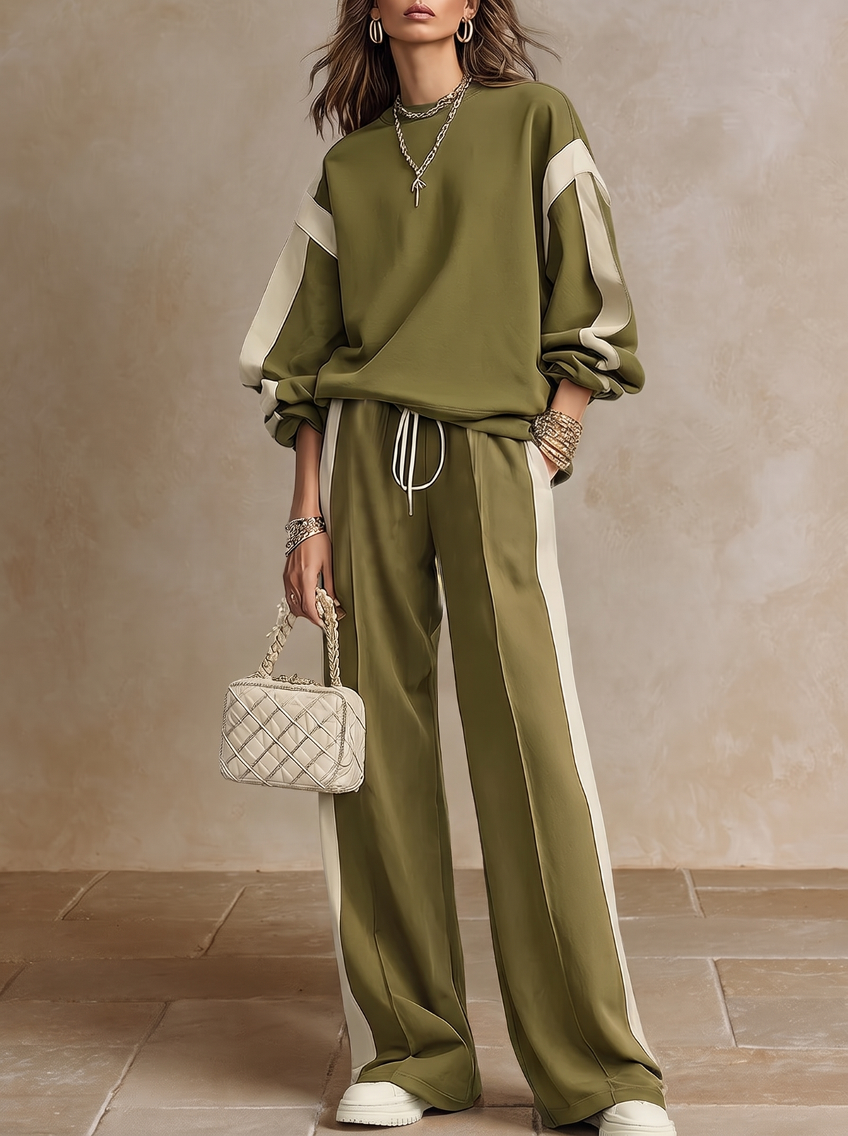 Sonia olive sweatshirt co-ord set, full-length front view