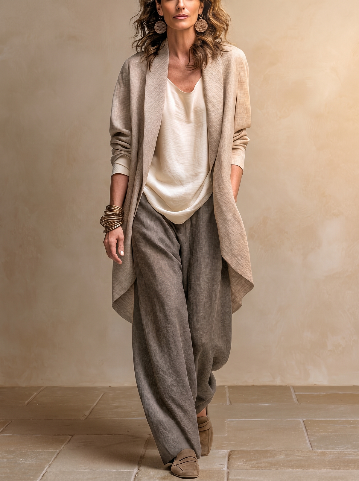 Felicia layered three-piece set in beige and grey, full-length front view