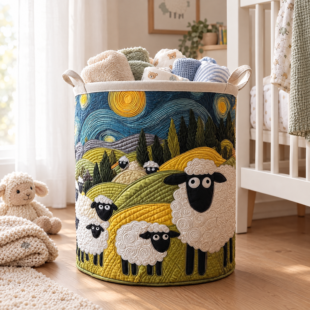 Maddalena hand-quilted laundry basket with fluffy sheep on rolling hills under a starry sky, styled at home