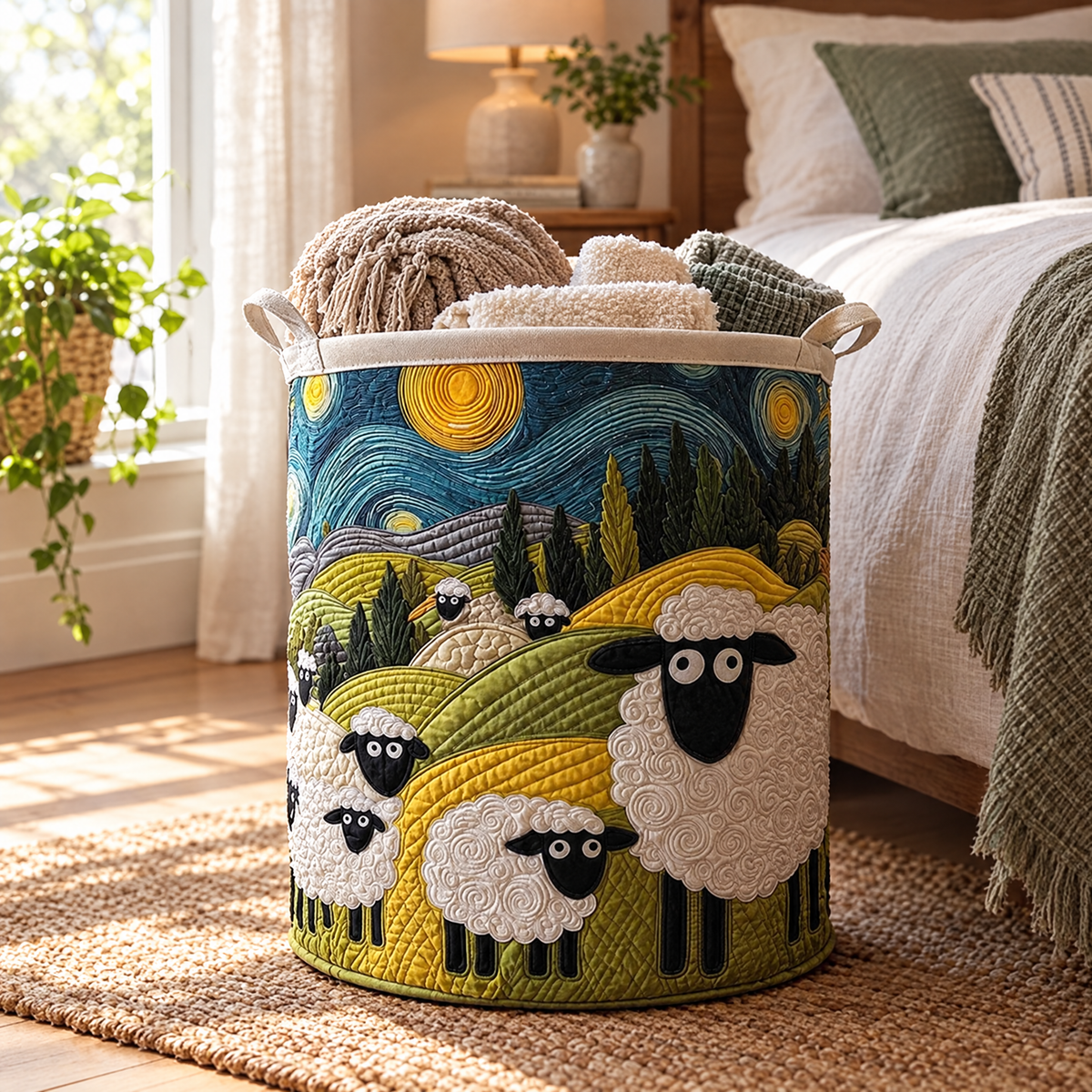 Maddalena hand-quilted laundry basket with fluffy sheep on rolling hills under a starry sky, lifestyle view