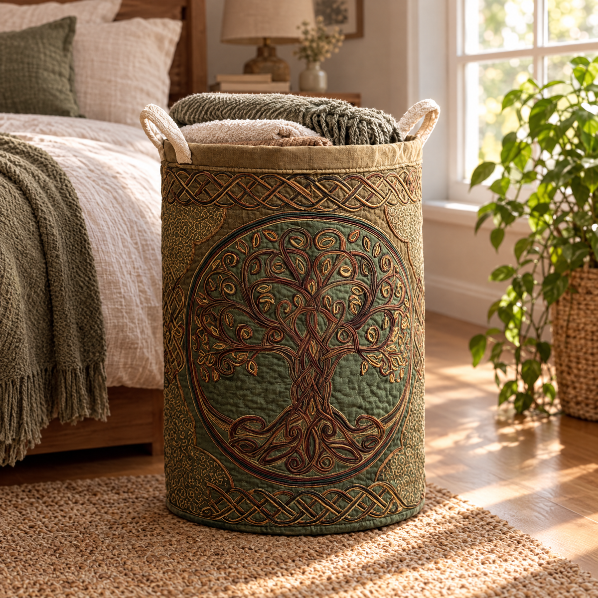 Nella hand-quilted laundry basket with a tree of life in olive and gold tones, styled in the home