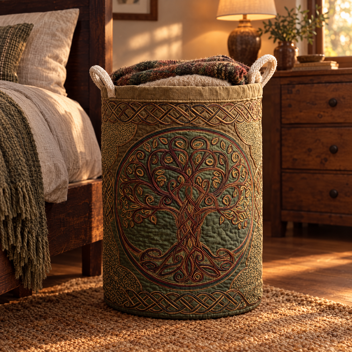 Nella hand-quilted laundry basket with a tree of life in olive and gold tones, styled in the home