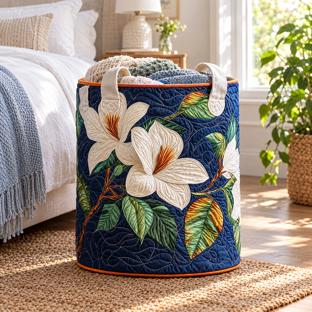 Mara hand-quilted laundry basket with large white magnolia blooms on deep navy, lifestyle view in use