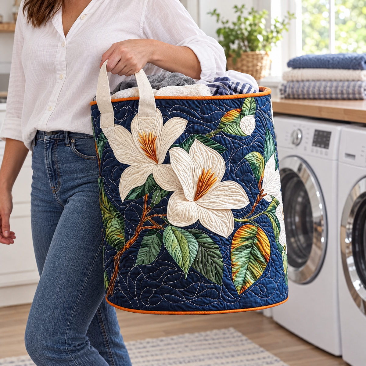 Mara hand-quilted laundry basket with large white magnolia blooms on deep navy, styled at home