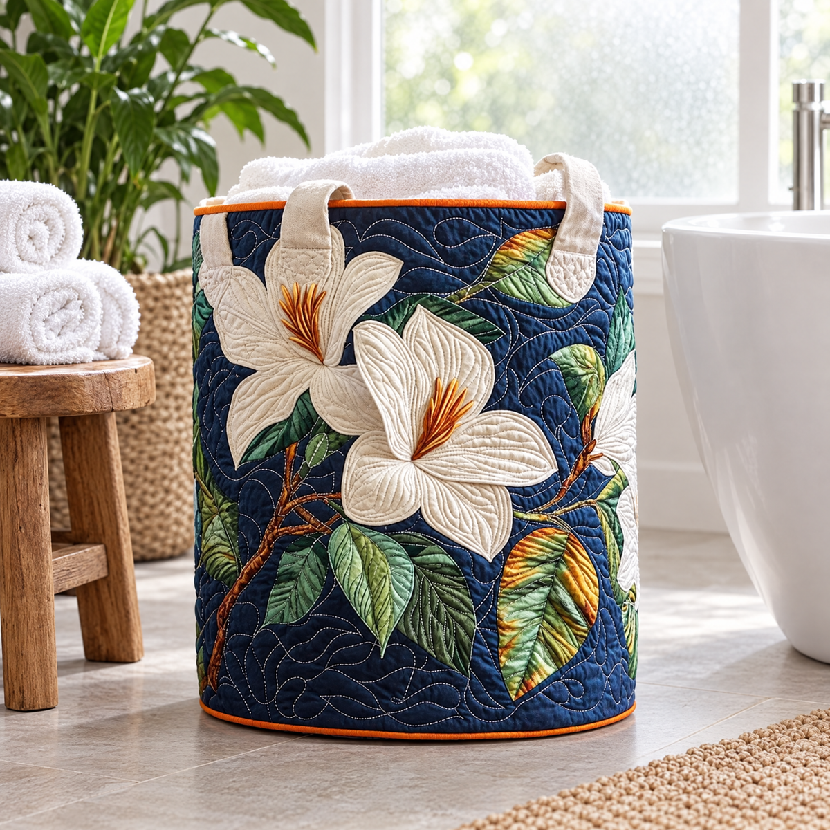 Mara hand-quilted laundry basket with large white magnolia blooms on deep navy, lifestyle view
