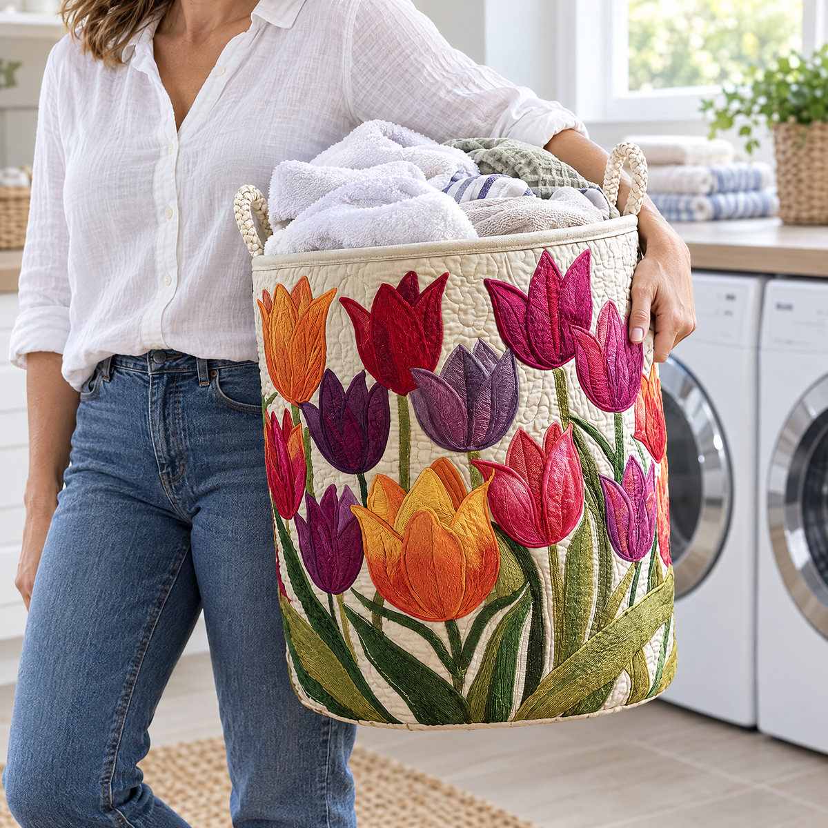 Pia hand-quilted laundry basket with ruby, violet and orange tulips, carried in a laundry room