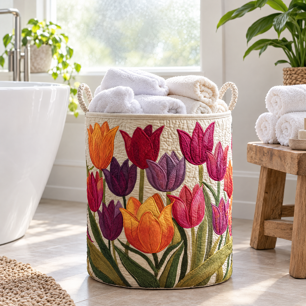 Pia hand-quilted laundry basket with ruby, violet and orange tulips, in a bathroom