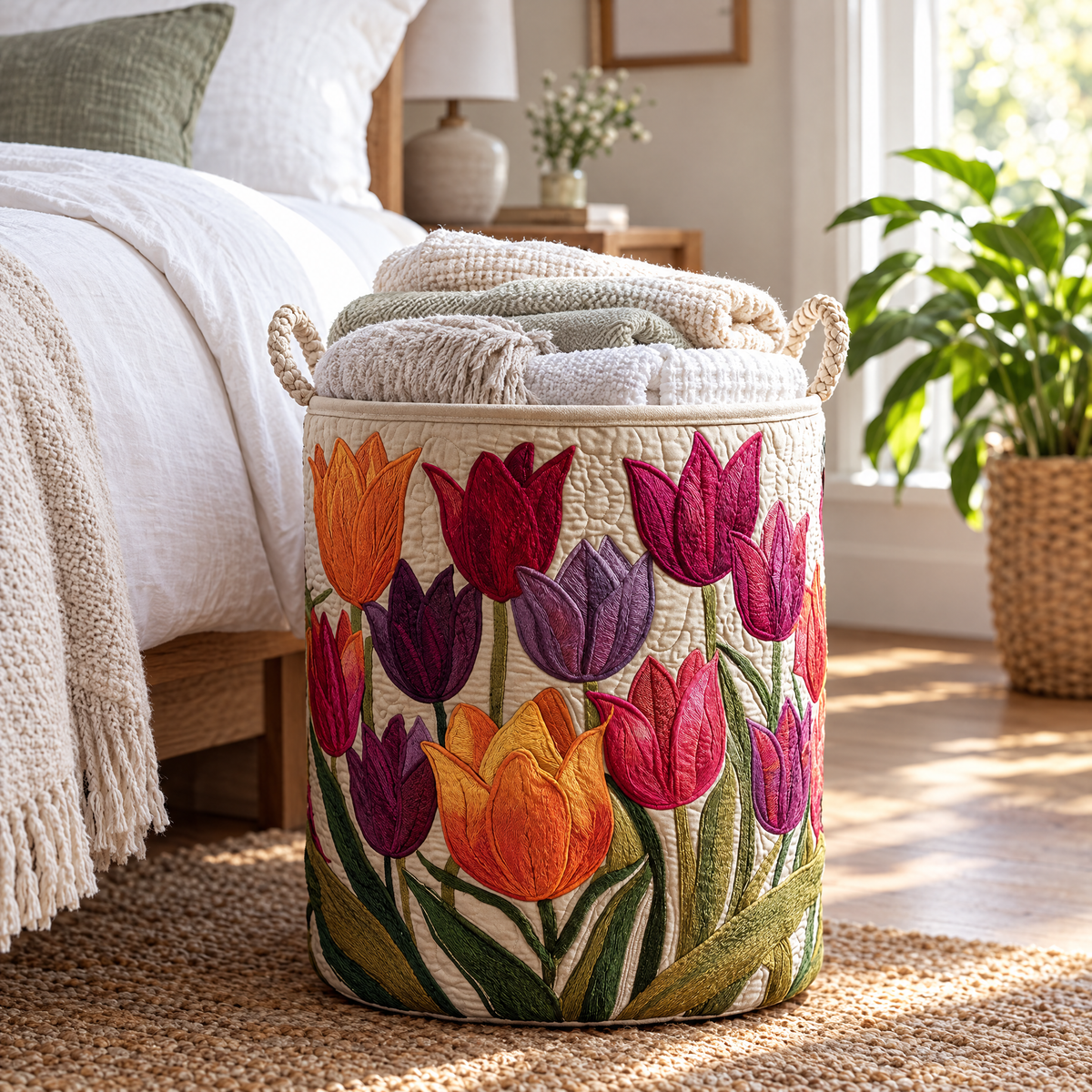 Pia hand-quilted laundry basket with ruby, violet and orange tulips, in a bedroom