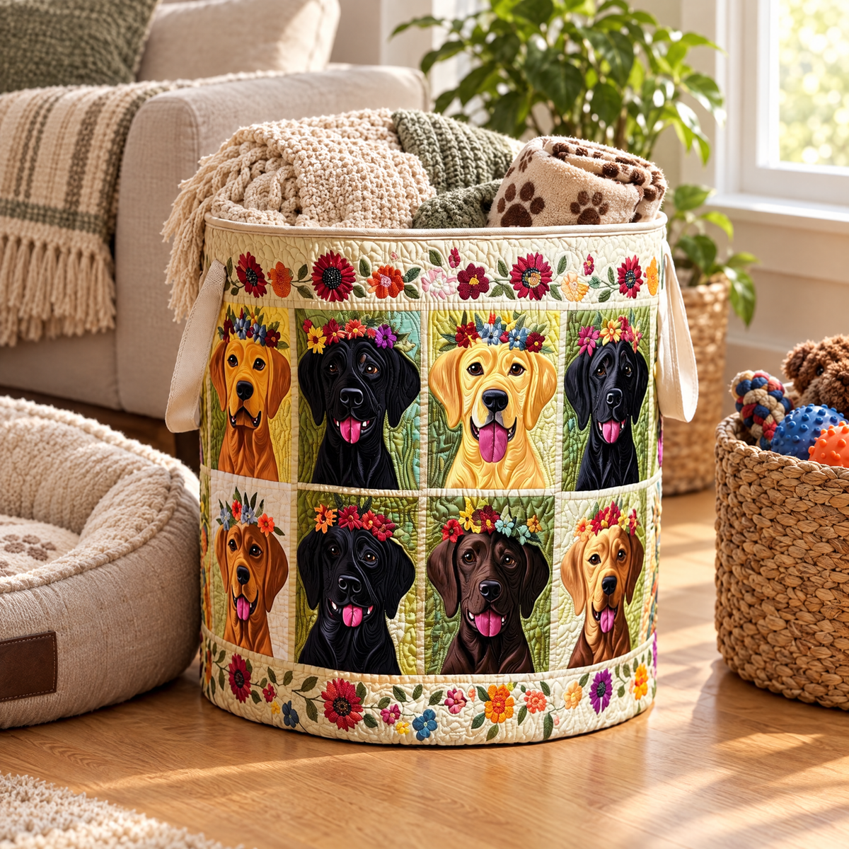 Piera hand-quilted laundry basket with golden, black and chocolate Labradors in flower crowns, in a living room