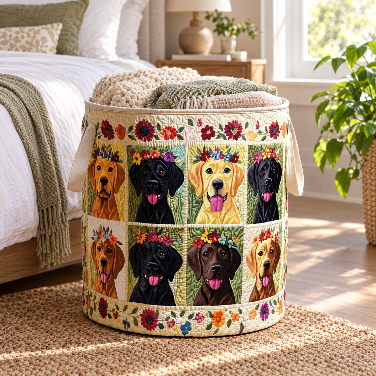 Piera hand-quilted laundry basket with golden, black and chocolate Labradors in flower crowns, in a sunny bedroom