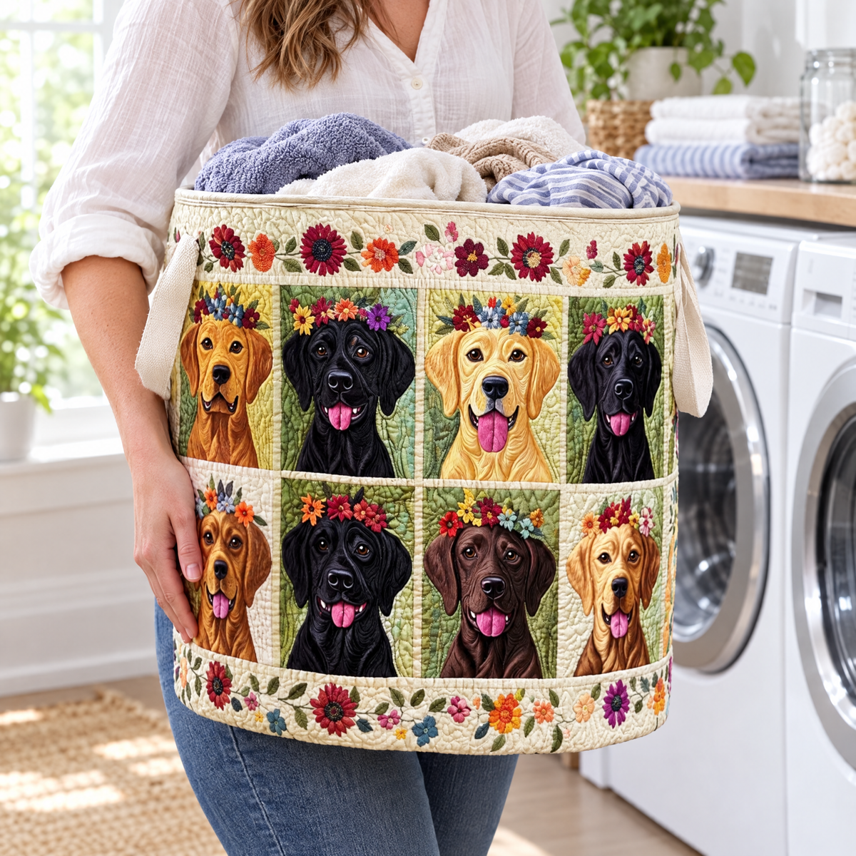 Piera hand-quilted laundry basket with golden, black and chocolate Labradors in flower crowns, carried in a laundry room