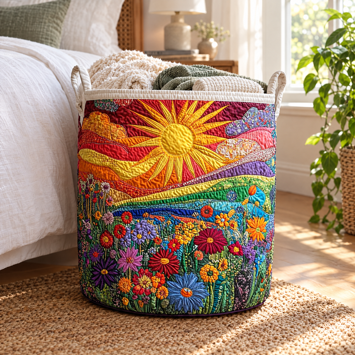 Rossana hand-quilted laundry basket with a golden sun over rainbow hills and wildflowers, in a bedroom