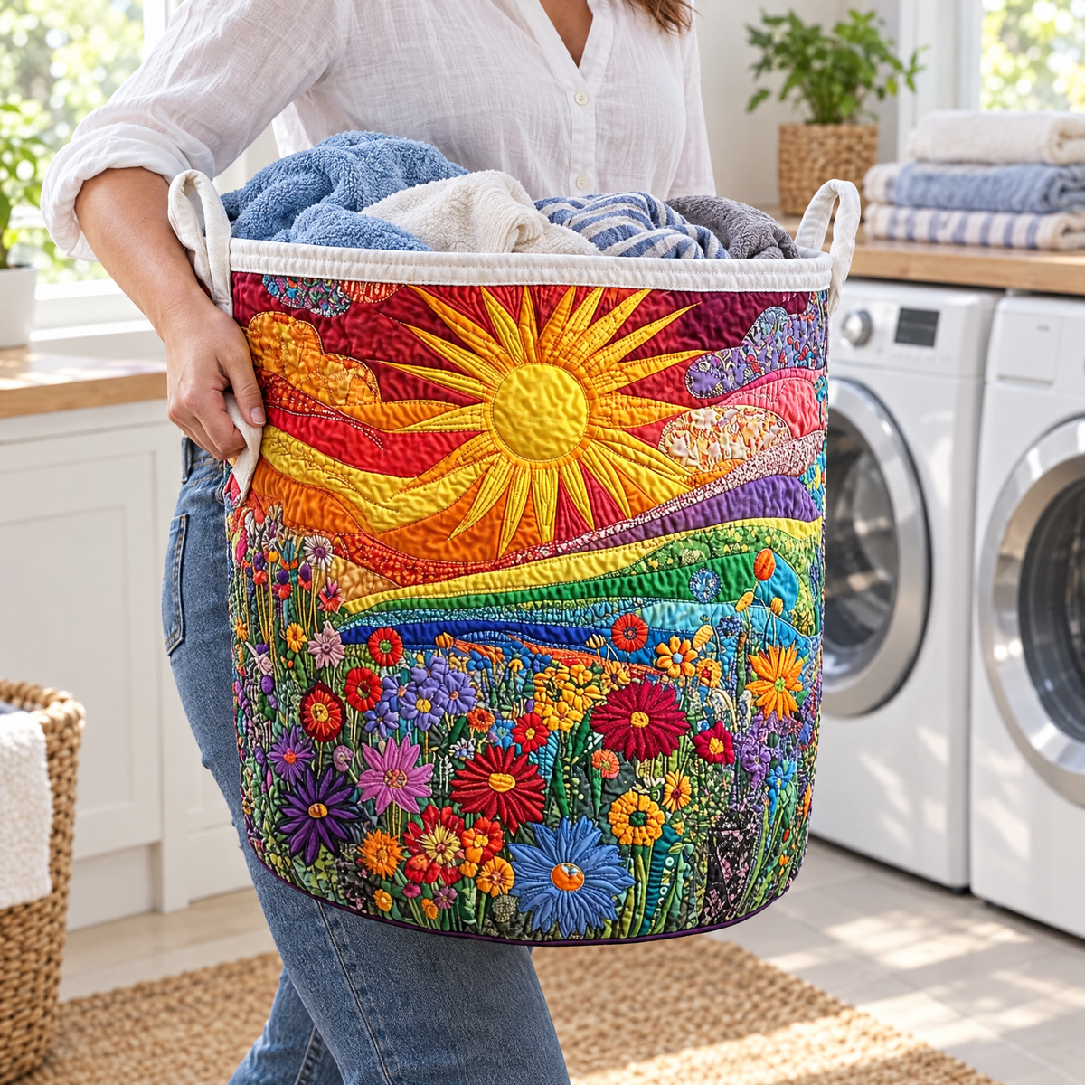 Rossana hand-quilted laundry basket with a golden sun over rainbow hills and wildflowers, carried in a laundry room