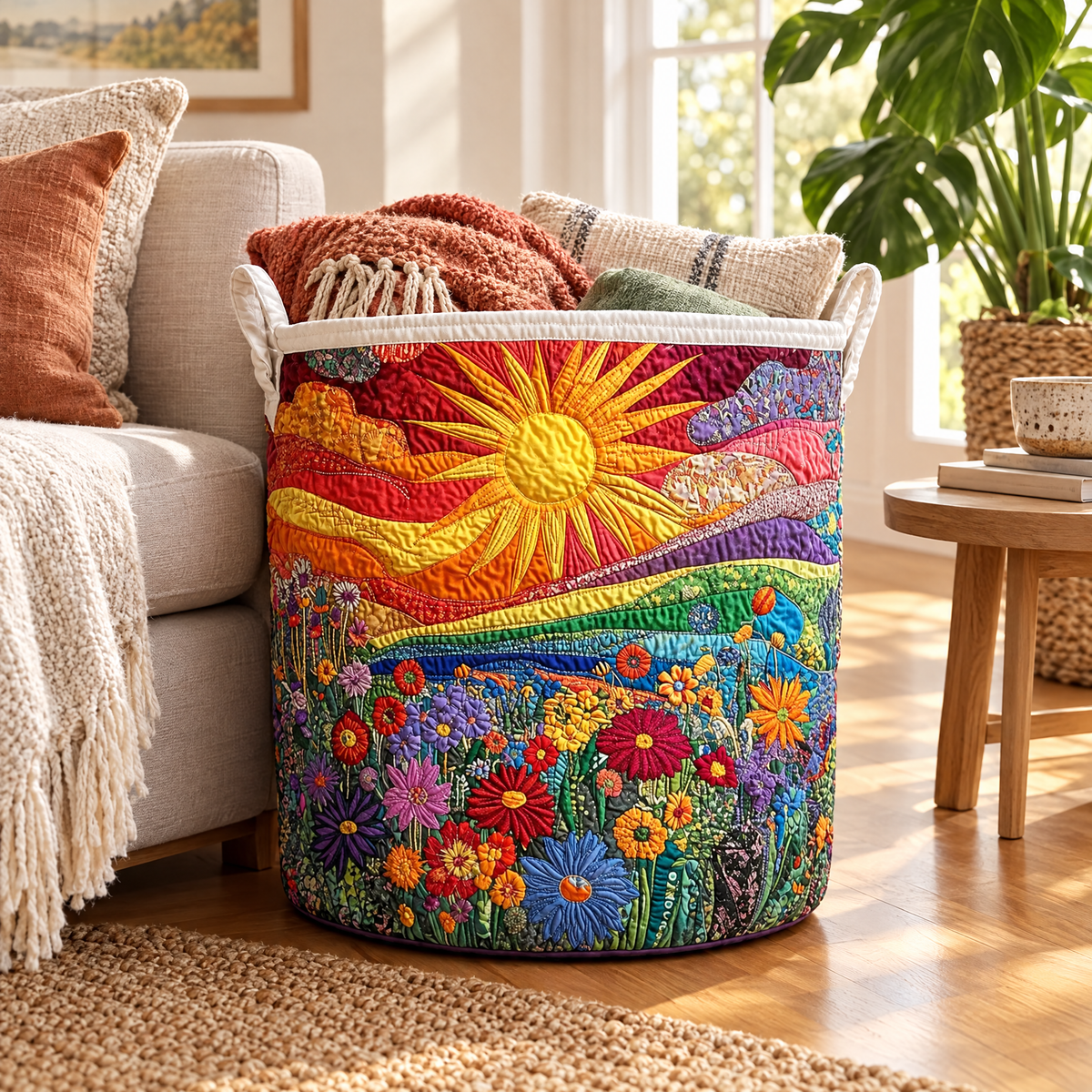 Rossana hand-quilted laundry basket with a golden sun over rainbow hills and wildflowers, in a living room